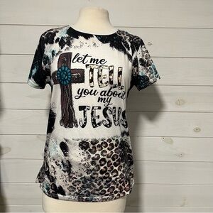 Graphic Tee with Cross and Leopard Print
